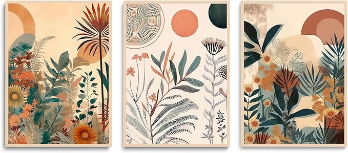 LYPHNX Boho Burnt Orange Botanical Floral Canvas Wall Art Abstract Terracotta Jungle Poster Pictures Set of 3 Flower Prints Painting Home Decor for Bathroom Bedroom Living Room 12"x16" Unframed