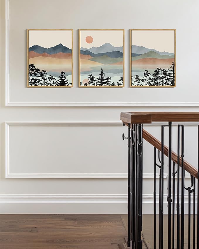 Drsoum Mountain Range Landscape Wall Art Framed Ink Wash Watercolor Nature Wall Decor Laker Sun Rises Prints Bedroom Living Room Ready to Hang 11x14in Natural Framed