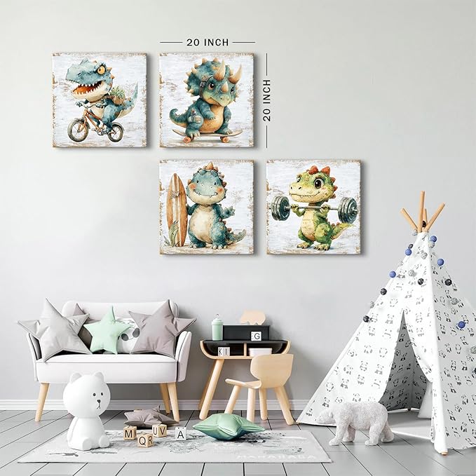 Dinosaur Wall Art Kids Room Wall Decor Cute Cartoon Dino Theme Pictures for Baby Boys Bedroom Nursery Playroom Decorations Watercolor T-Rex Sports Paintings Poster Artwork Home Decor 20x20” 4 Piece