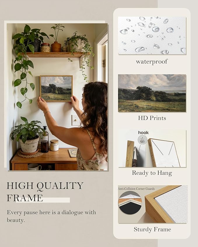 SHENIFY Vintage Landscape Framed Wall Art Rustic Countryside Meadow Farmhouse Decor Retro Vast Grassland Painting for Kitchen Living Room Bedroom Bathroom - 8x10in Natural Framed