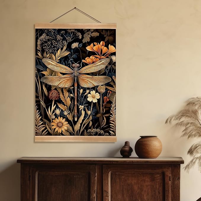 William Morris-Inspired Wall Art Poster, Vintage Dragonfly Hanging Wall Painting Buck Art, Mid-Century & Dark Academia Decor, Gothic Canvas Poster for Bedroom or Living Room 12x16inch(Dragonfly)