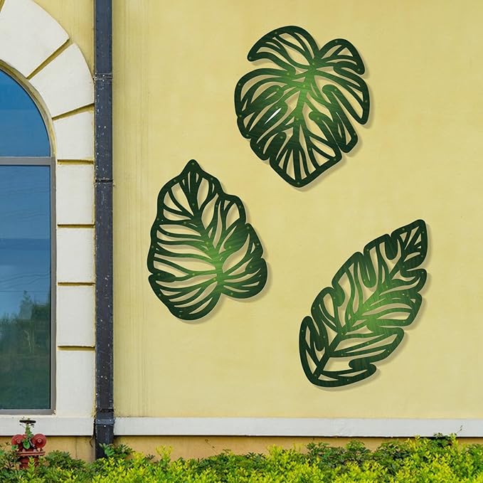 Zzbakress 3 Pcs Wooden Palm Leaves Wall Art Tropical Leaf Wall Art Natural Plant Wall Decor Vintage Wood Hollow Wall Decoration for Living Room Kitchen Bedroom Garden Office (Farmhouse, Leaves-A)