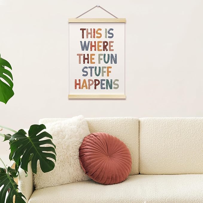 This is Where All The Fun Stuff Happens Posters Hanger Frame for Playroom Boho Hanging Poster for Nursery Classroom Decor Wall Art Decor for Kid Room Canvas Wall Art Print 16x12 Inches - YY057