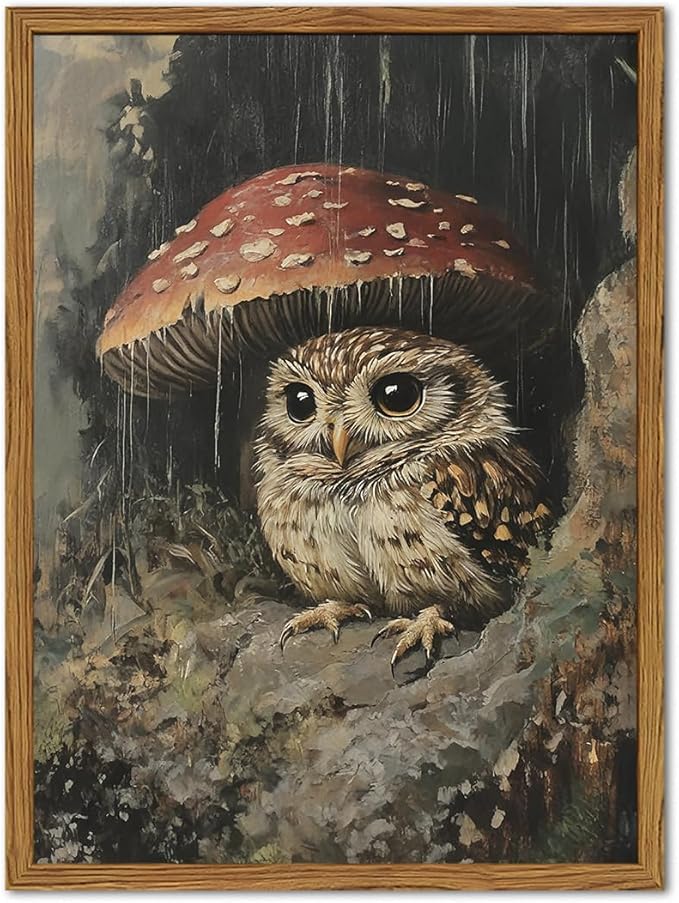 Framed Vintage Owl Canvas Wall Art, Cute Bird Mushroom Pictures Wall Decor, Cottagecore Forest Animal Paintings Prints Gothic Rustic Moody Home Decor for Living Room Bedroom Nursery 12x16 inch