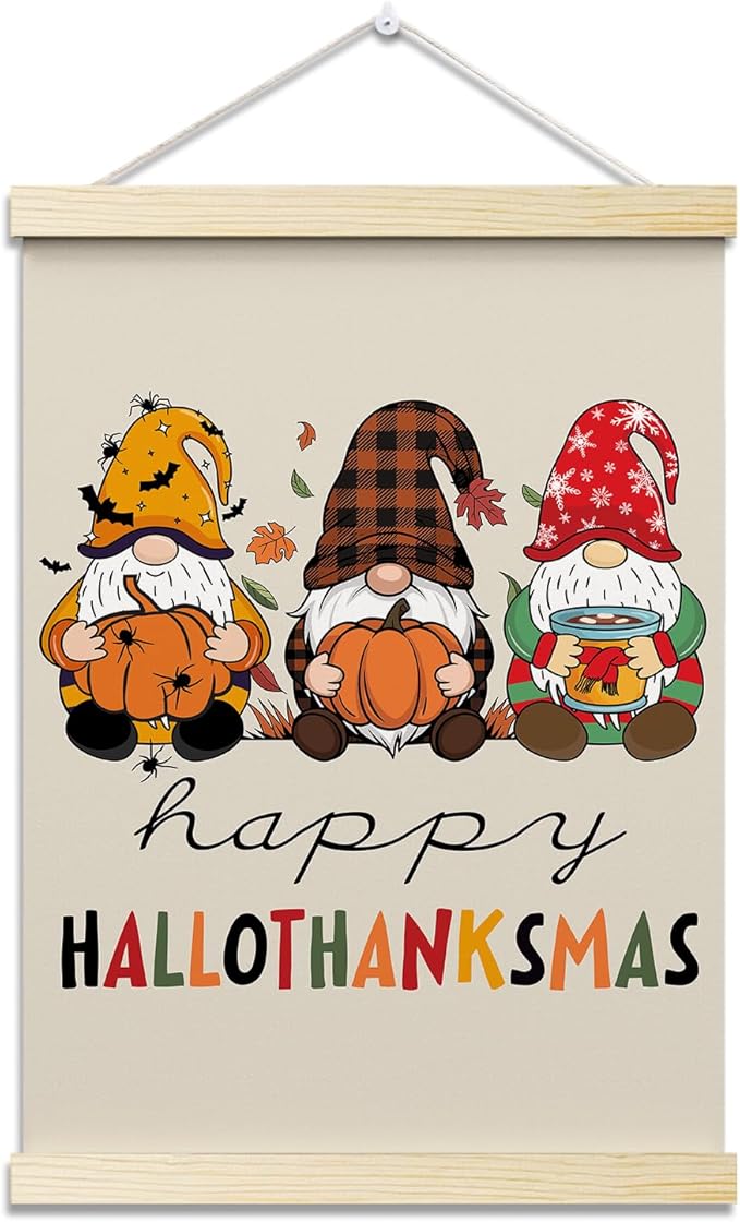 Happy Hallothanksmas Posters Hanger Frame Hanging Poster for Home Office BedRoom Decor Wall Art Decor Gifts for Thanksgiving Halloween Christmas Autumn Canvas Wall Art Print 16x12 Inches - YY068