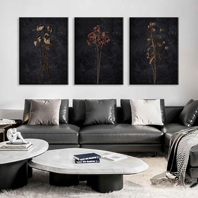 LYPHNX Framed Dark Moody Wildflowers Canvas Wall Art Black Vintage Dried Floral Wilderness Botanical Painting Poster Set of 3 Nature Prints Picture Wall decor for Living Room Bedroom Office 16"x24"