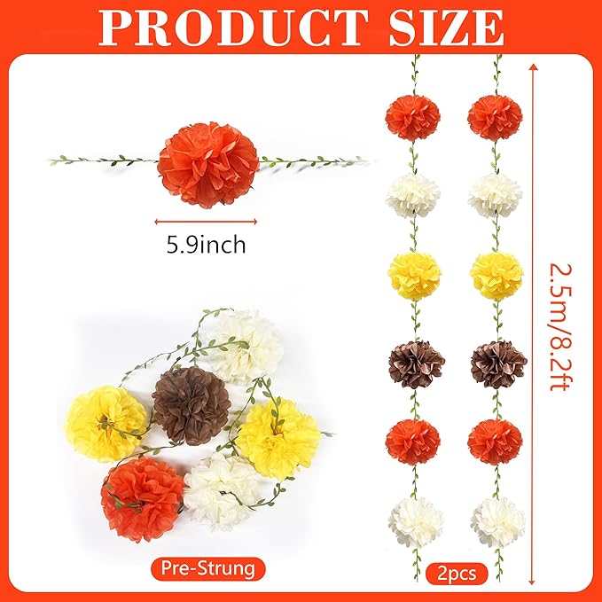 Fall Party Decorations Orange Yellow Brown Beige Tissue Paper Flowers Pom Pom Leaf Ribbon Hanging Garland Streamer for Thanksgiving Harvest Birthday Bachelorette Baby Shower Wedding Party Supplies