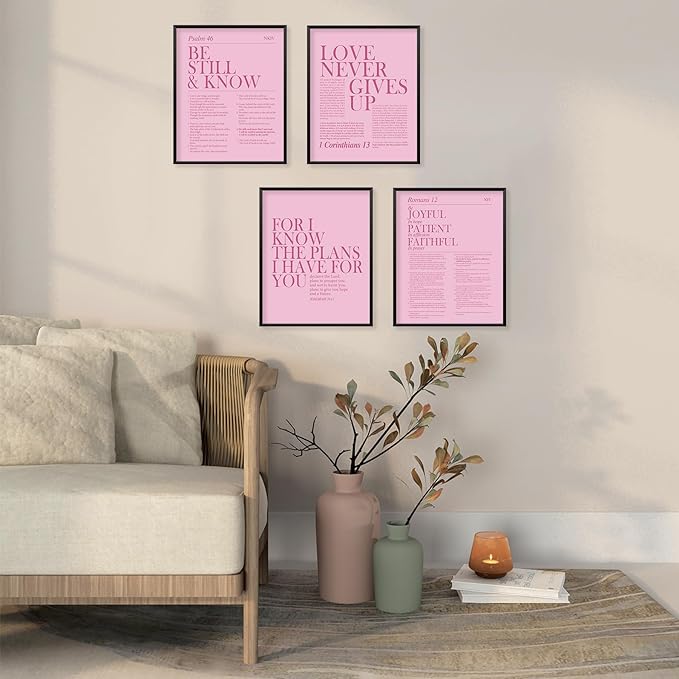 Locomiss Pink Christian Wall Art Decor, Modern Bible Verse Prints, Minimalist Jesus Scripture Wall Decor, Pink Inspirational Bible Posters for Bedroom Office Living Room, Set of 4 (8x10 Unframed)