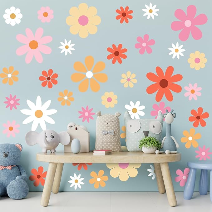 TaoBary 12 Sheet Daisy Wall Sticker Decal Removable Cute Daisy Bedroom Room Decor Flower Wall Sticker Pink White Flower Decal Wallpaper Peel and Stick for Nursery Home(Bright Color,Bright Style)