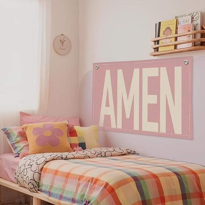 Pink "AMEN" Wall Art 20x30 Inch - Coquette Christian Decor, Girls Bedroom Hanging, Linen Prayer Banner, Nursery Faith Sign, Blush Religious Gift, Church Baptism Decor