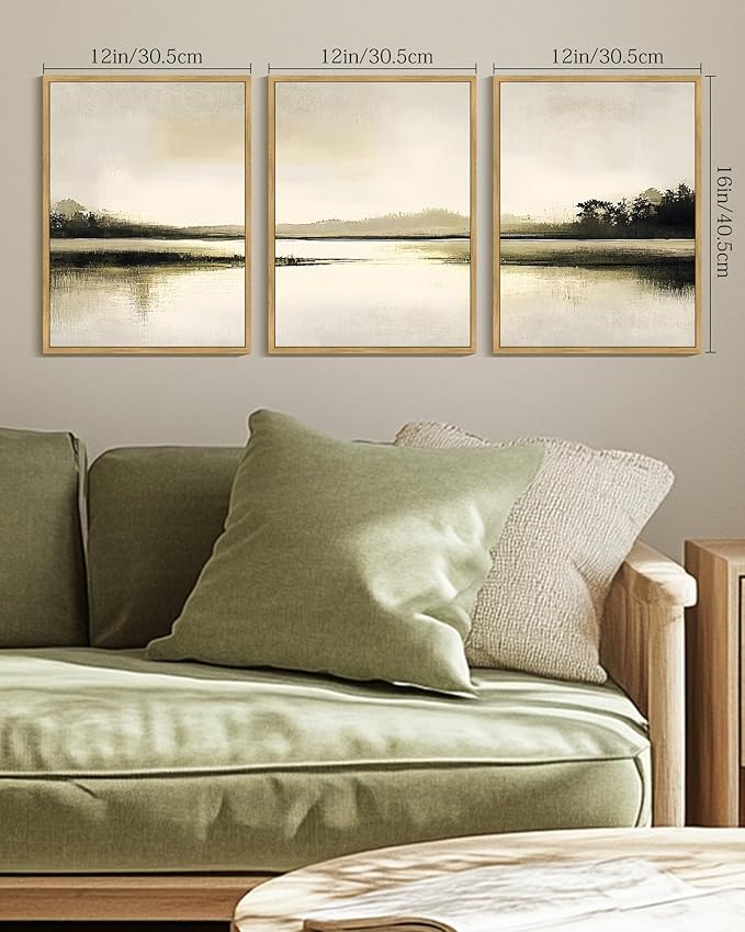 Drsoum Vintage Black Gray Abstract Laker Landscape Wall Art Framed Brown Tan Neutral Prints Minimalist Modern Rustic Artwork Bedroom Living Room Ready to Hang 12x16in Natural Framed