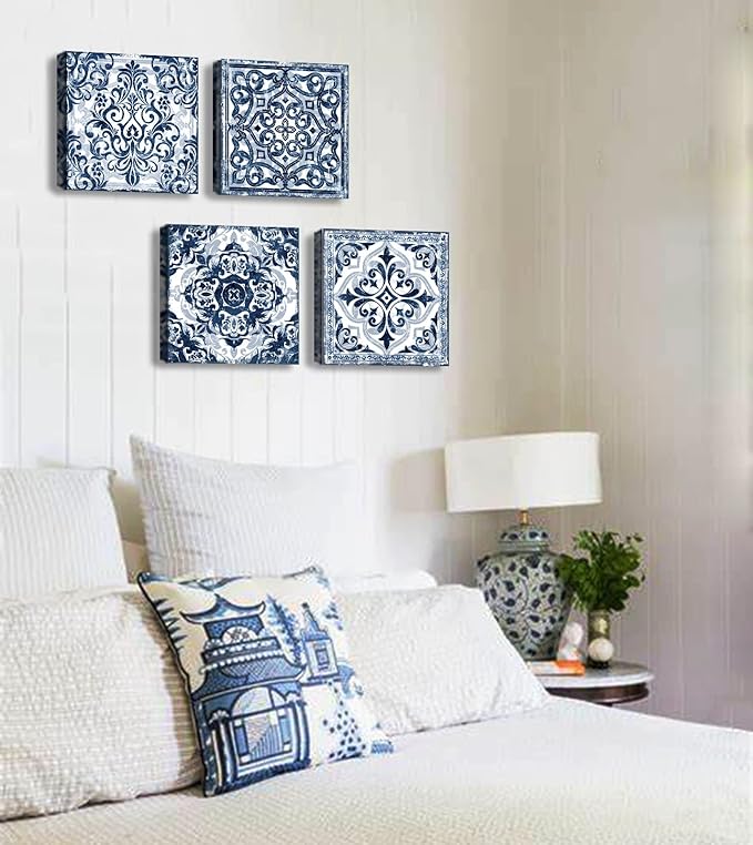 DJSYLIFE Bathroom Wall Decor Navy Blue Flower Paintings Canvas Prints Decoration Vintage Wall Art for Bedroom Framed Ready to Hang 12" Wx12 Hx4 pcs