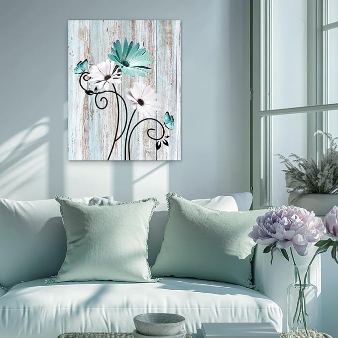 HVEST Teal Daisy Wall Art for Bathroom Aesthetic Flower and Butterfly Rustic Farmhouse Decor Turquoise and Teal Wall Art for Living Room Bedroom Kitchen Decor Ready to Hang, 20Lx16W Inches