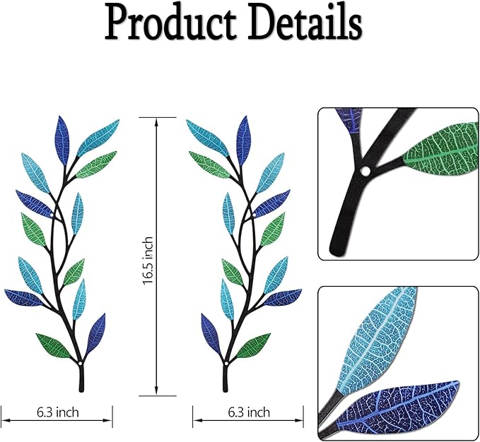 Metal Tree Leaf Wall Decor 2 PCS Rustic Vine Branch Leaf Wall Art for Living Room Bedroom Bathroom Decorations - Bright Color