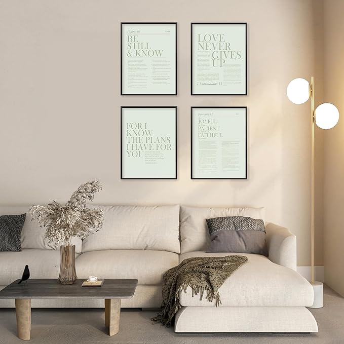Locomiss Sage Green Christian Wall Art Decor, Modern Bible Verse Prints, Minimalist Jesus Scripture Wall Decor, Inspirational Bible Posters for Bedroom Office Living Room, Set of 4 (12x16 Unframed)