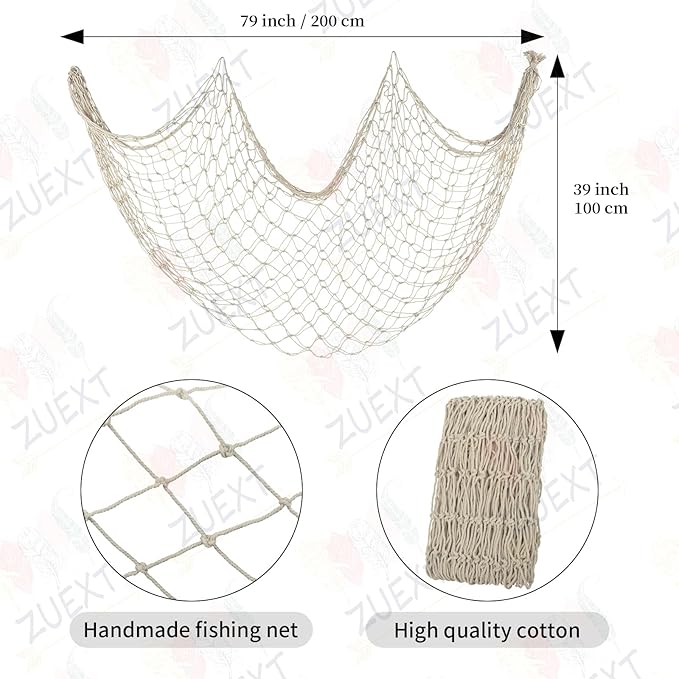 ZUEXT Beige Decorative Fishing Net 80x40 Inch, Large Picture Fish Net, Wall Photo Hanging Fishnet for Nautical Mermaid Pirate Ocean Themed Hawaii Beach Under the Sea Party Decorations