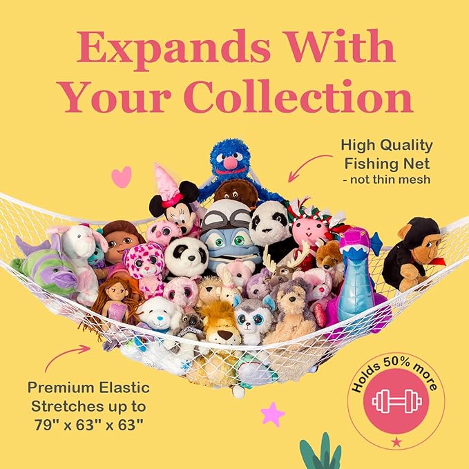 Lilly's Love Large Stuffed Animal Hammock | Corner Hanging Organizer, Toy Storage, Stuffed Animal Storage Net | Made from Quality Fishing Net, Holds 12lbs | 79"x63"x63" (Purple, 2 Pack)
