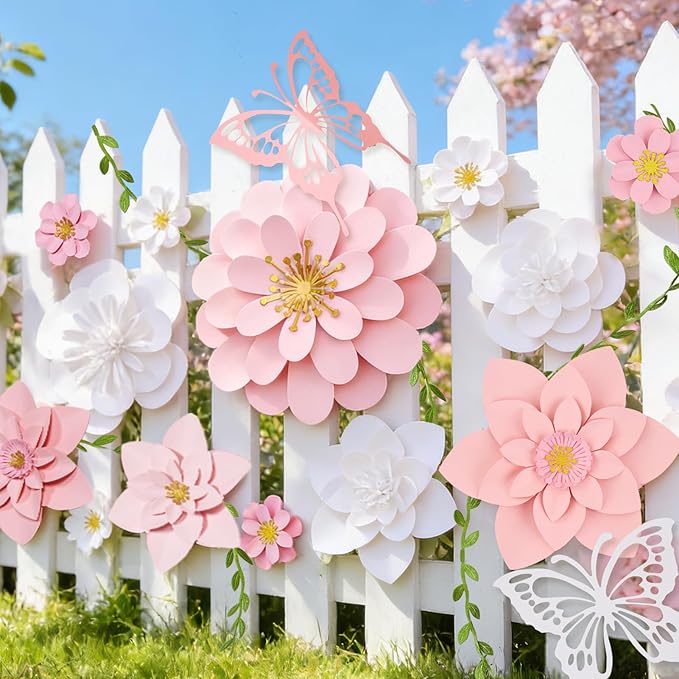 Paper Flower Decoration for Wall 3D Paper Butterfly Flower Bulletin Board Decor Pink White Artificial Flower Backdrop Wall Decor Green Leaves Vine for Classroom Office Spring Garden Tea Women Birthday