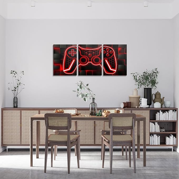 Feelyou Gamer Canvas Wall Art for Living Room 12"x16" 3 Piece Red and Black Picture Wall Decor Gaming Ombre Office Decorations Artwork Posters Square Painting