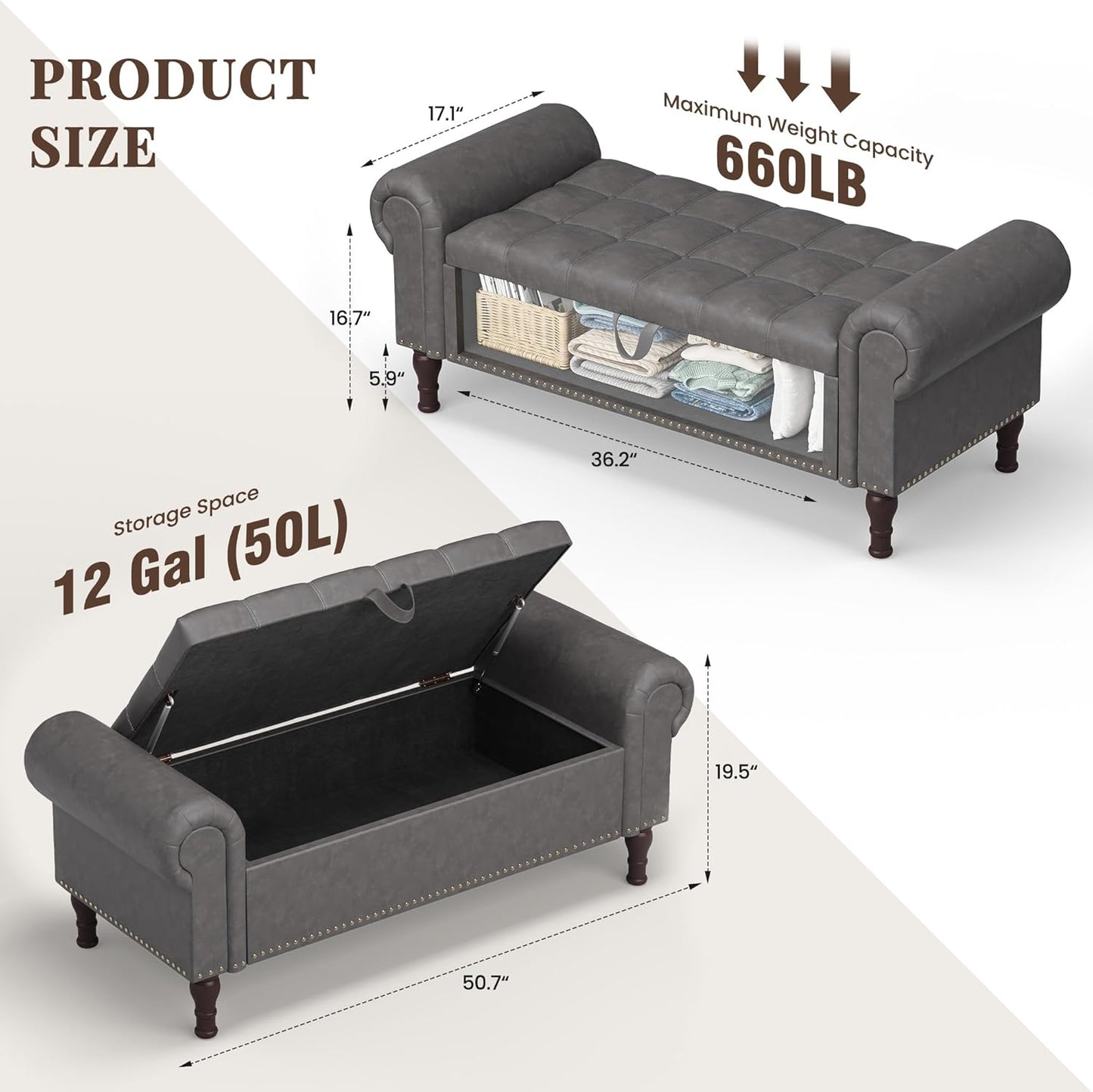 Storage Bench for Bedroom, 51" Full Queen Storage Bench, Upholstered Bedroom Bench with Rolled Arms and Vintage Rivets for Living Room, Storage Room, Entryway, Gray