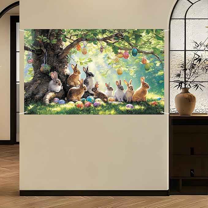Happy Easter Backdrop 71" X 43" Large Happy Easter Day Banner Rabbit Party Decorations Bunny Photography Background
