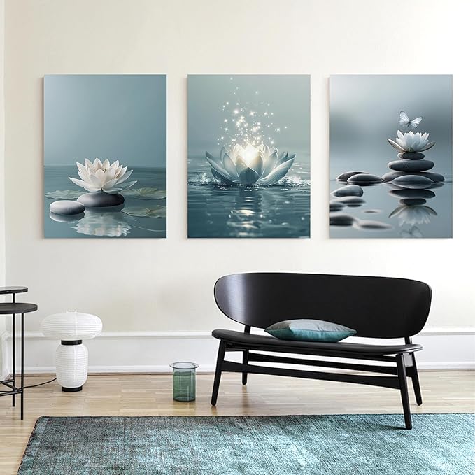 GELDSTEI Calm Zen Botanical Canvas Wall Art, White Lotus Blooming on Stones in Water Aesthetic Pictures, Yoga Spa Meditation Room Decor, Modern Spiritual Poster Prints for Zen Office Framed Set of 3, Each 16x24 Inch