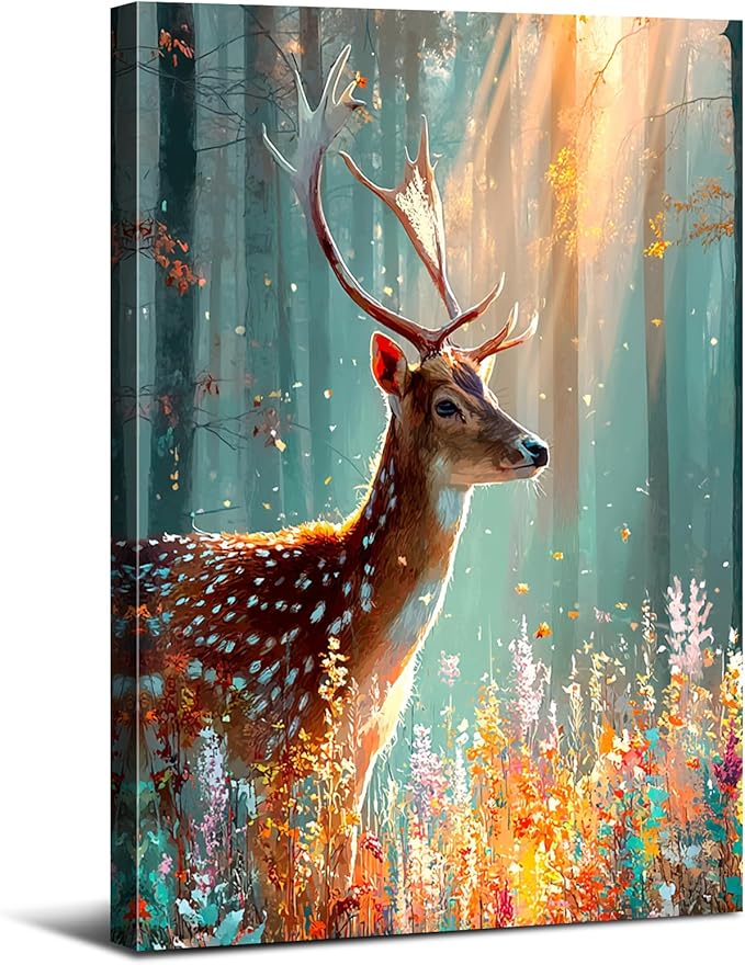 Deer Wall Art Fall Forest Wall Decor Nature Autumn Landscape Picture Rustic Wildlife Animal Canvas Prints Farmhouse Elk Painting Colorful Flowers Artwork for Bedroom Living Room Home Decoration 24x36"