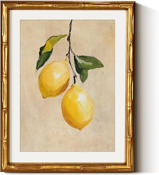 VIYYIEA Bamboo Detail Design Gold Framed Wall Art, Lemon Gold Framed Vintage Bamboo Style Wall Art for Living Room, Canvas Picture Print Painting, 11 x 14 Inch