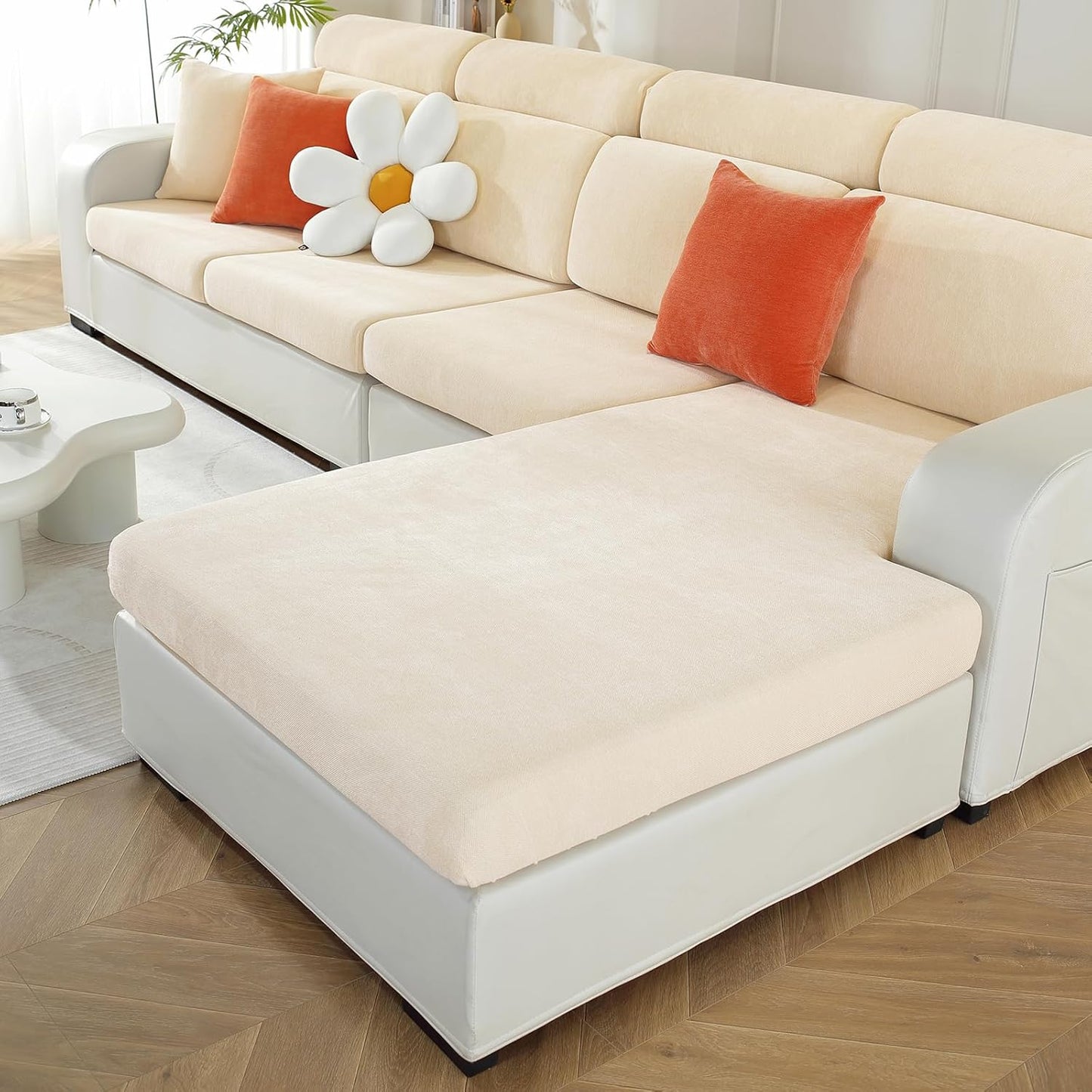Chaise Cushion Cover for Sectional Sofa, Softer Chenille Sofa Cover for L Shaped Couch (Left or Right Facing), Stretch Chaise Couch Slipcover (Only 1 Piece, Beige)