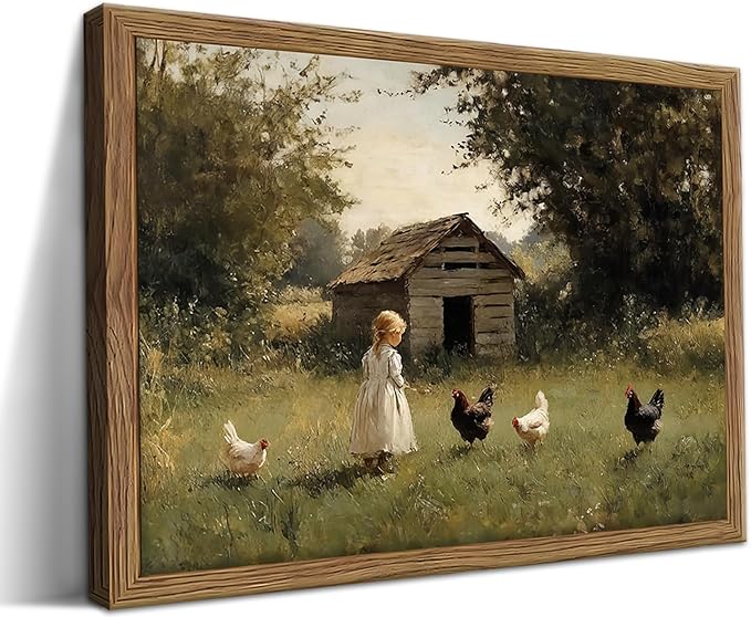Vintage Country Framed Wall Art, Little Girl and Chick Canvas Prints, Rustic Landscape Picture Painting, Pastoral Farmhouse Wall Decor for Living Room Bedroom – Dark Wooden Frame 12x16in