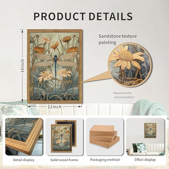 Framed Vintage 3D Textured Wall Art Green Dragonfly Flowers Wall Decor Hand Drawn Sandstone Nature Botanical Pictures for Living Room Bedroom 16x24 inch