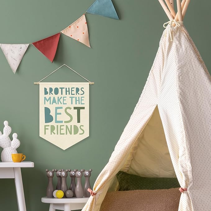 Boy Nursery Decor Canvas Banner,Brothers Make The Best Friends Bedroom Playroom Wall Art Decorations,Boho Twin Room Sign,Big Bro Lil Bro, Sage Green Blue Kids Room Wall Hanging Pennant Banner