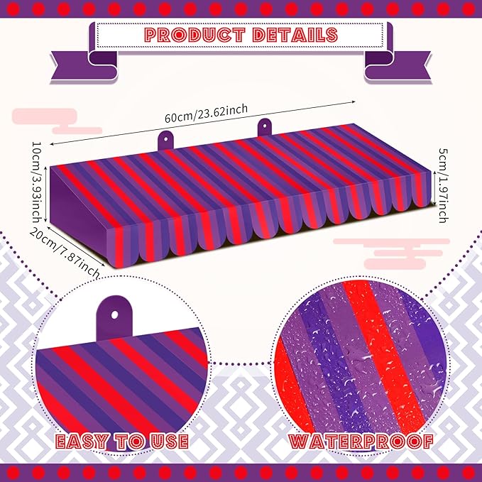 Boao 4 Pack Circus Awning Decoration 3D Stripe Cardboard Awning Carnival Wall Decor Circus Party Favors for Lemonade Stand Bakery Ice Cream Truck Bulletin Board Decor(Purple and Red)