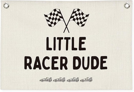 Playroom Decor,Little Racer Dude Canvas Banner,Race Car Room Decor for Boys,Cars Bedroom Decor,Toddler Boy Wall Hanging for Bedroom or Playroom, 30x20 Inch