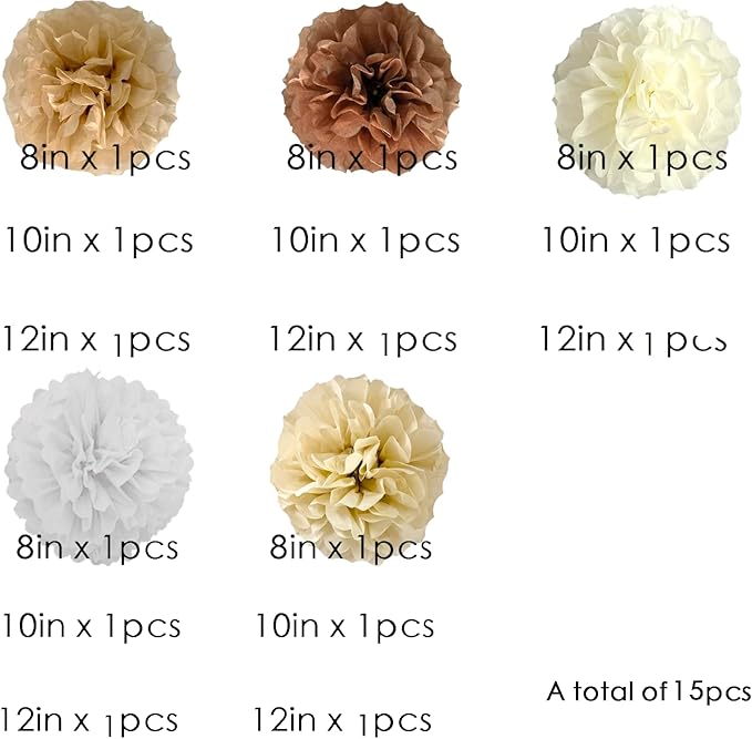 We Moment Brown Tissue Paper Flowers Decorations for Boho Rustic Neutral Birthday Bridal Shower Wedding Baby Shower Party Decor Ceiling Wall Hanging Tissue Pom Poms 12pcs 5 Colors