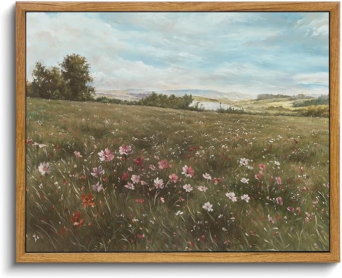 OIQArtOIQ Vintage Landscape Framed Wall Art Summer Countryside Wildflower Canvas Art Prints Farmhouse Cottagecore Pictures Wall Decor Rustic Meadow Paintings Artwork For Kitchen Bedroom Living Room