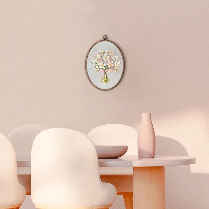 Coquette Pink Bow Floral Bouquet Oval Wall Art Framed, White Floral Oval Wall Decor, Vintage Flower Hanging Canvas Prints Wall Sculptures for Home Bedroom Living Room Decor, 8.5x11.5 Inch