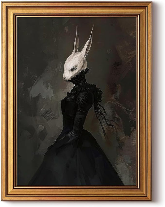 HUARCEY Gold Framed Vintage Wall Art Canvas Prints Gothic Room Decor Vintage Rabbit Lady Wall Decor, Aesthetic Dark Academia Halloween Pictures Oil Painting Goth Decorations 12x16in