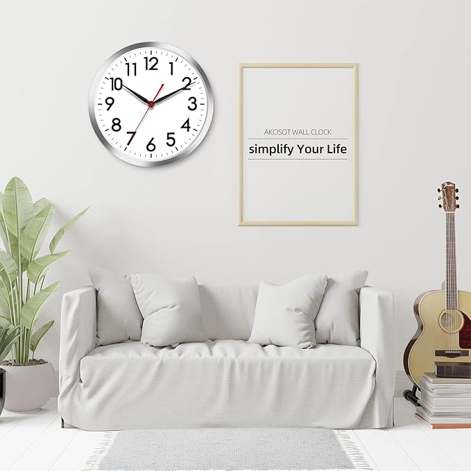 AKCISOT Wall Clock 10 Inch Silent Wall Clocks Battery Operated Non Ticking - Modern Silver Clock Decorative for Kitchen, Bathroom, Bedroom, Living Room, Office, Home(Silver)
