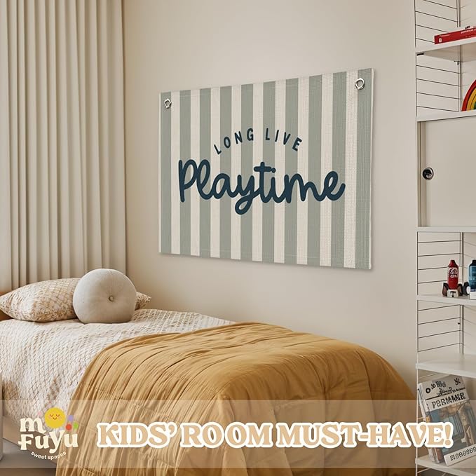 Playroom Wall Decor,Long Live Playtime Banner,Kids Room Decor,Green Stripes Linen Canvas Banner Wall Hanging Flag Decor for Toddler Boy Room Nursery Playroom 30x20 Inch