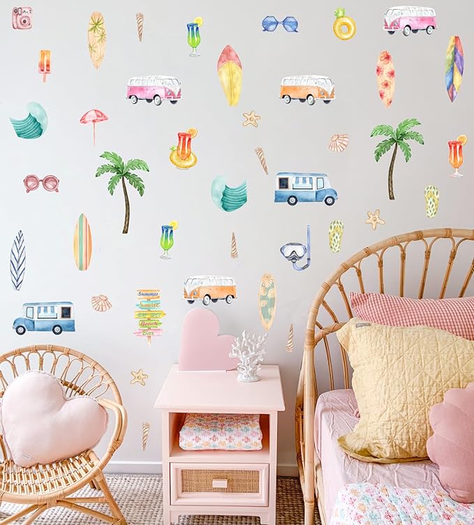Watercolor Summer Surfing Wall Decal, Palm Tree Juice Surfboard Car Vinyl Wall Stickers, Removable Surfer Beach Artwork for Kids Bedroom Playroom Decor