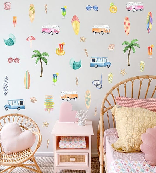 Watercolor Summer Surfing Wall Decal, Palm Tree Juice Surfboard Car Vinyl Wall Stickers, Removable Surfer Beach Artwork for Kids Bedroom Playroom Decor