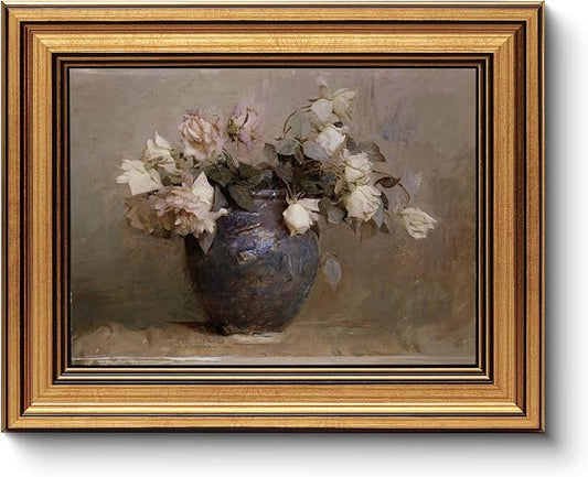 HUARCEY Framed Canvas Wall Art Prints, Bathroom Shelf Vintage Decor Aesthetic, Classical Roses Floral Paintings Farmhouse Wall Decor, Retro Table Desk Decoration for Bedroom Living Room, 8x10Inch