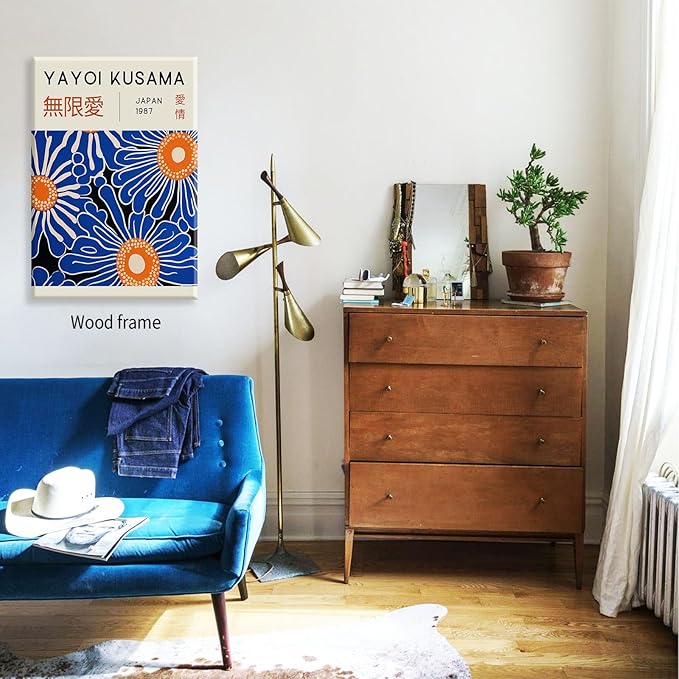 Yayoi Kusama Print Vintage Japanese Wall Art Abstract Yayoi Kusama Poster Minimalist Painting Art Exhibition Suitable for Japanese Bedroom,Living Room Office Decor 12x16in Framed