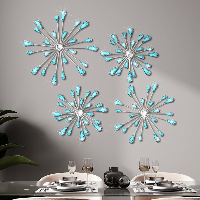 Hicarer 4 Pcs Starburst Wall Decor Bling Wall Art Crystal Teardrop 3D Hanging Rhinestone Radial Metal Artwork Modern Accent Sculptures Decorations for Living Room Home Office Bedroom(Blue)