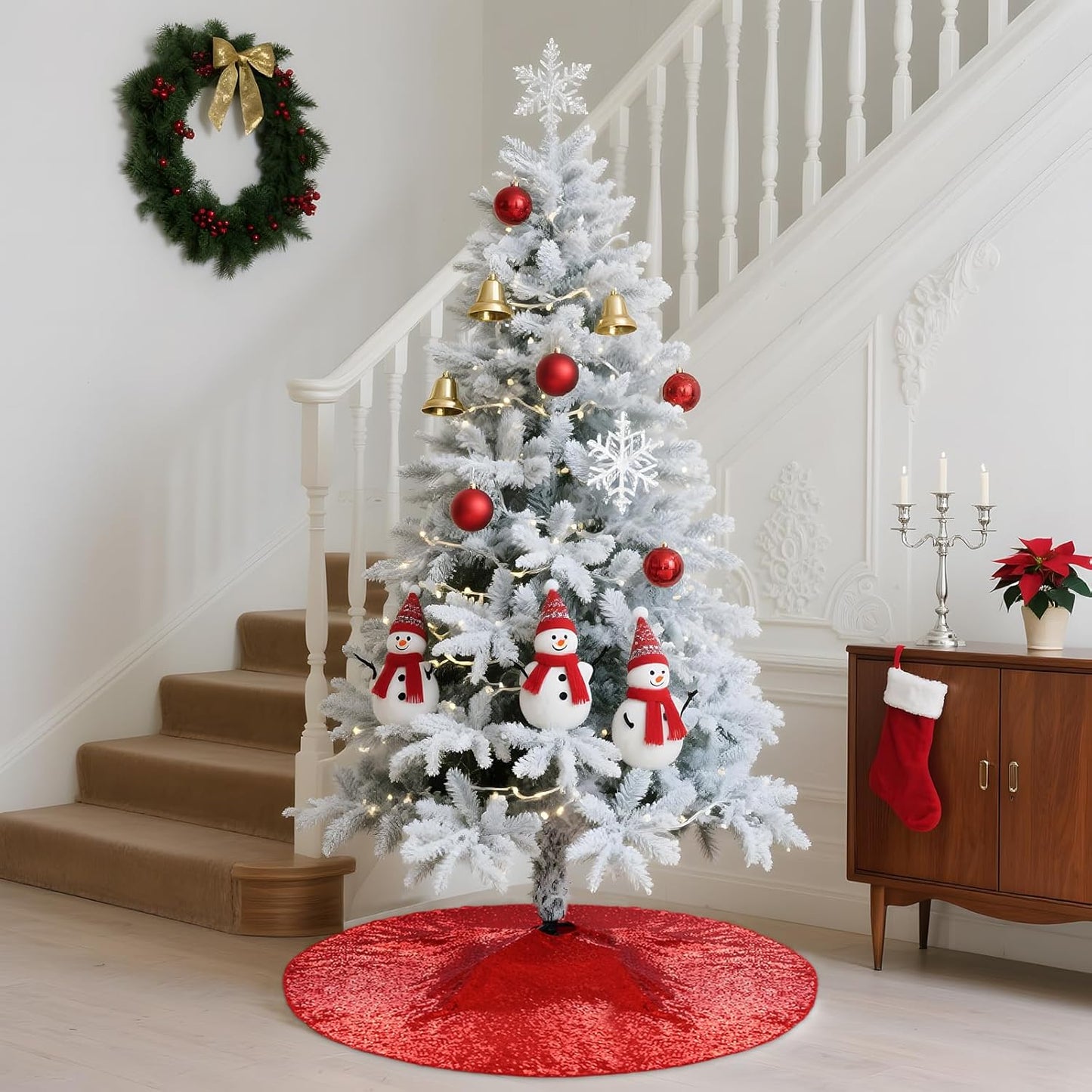 Eternal Beauty Christmas Tree Skirt, 36 Inch Red Sequin Tree Skirt Small Xmas Tree Skirt for Christmas Tree Decorations