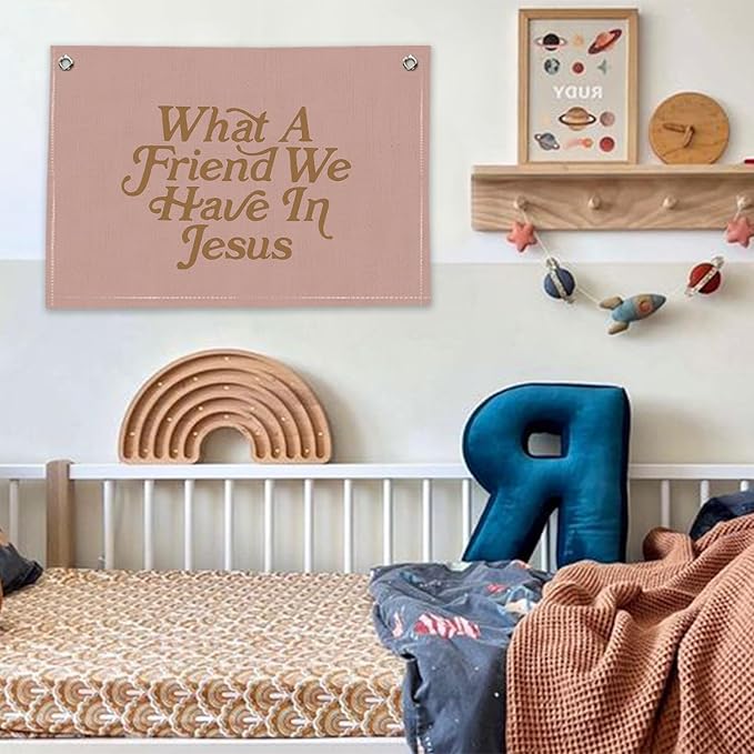 RTXLEZM Girls Room Decor, What a Friend We Have in Jesus Christian Canvas Banner Wall Hanging,Pink Minimalist Bible Verse Wall Art Prints for for Classroom, Nursery, Playroom，Kids Room,20x30 Inch