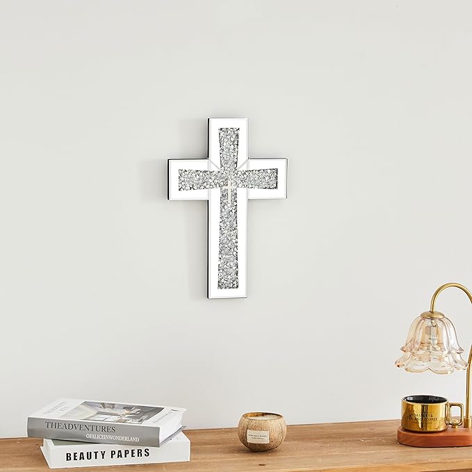 Cross Wall Decor, Silver Mirrored Cross for Living Room, Crystal Crush Diamond Mirror Crosses, Religious Wall Art, Home Decor