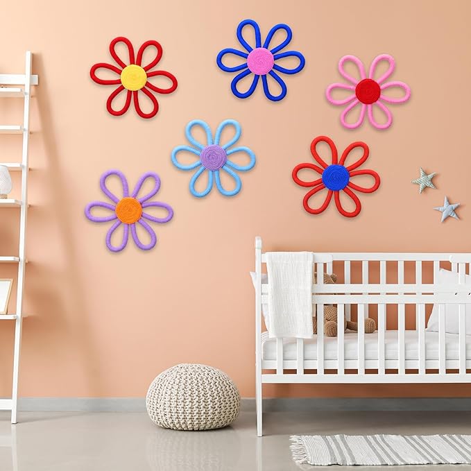 Ripeng 6 Pcs Boho Nursery Decor Flower Daisy Wall Art 6 Inch Woven Macrame Wall Hanging Bohemian Flower Decor Daisy Nursery for Baby Girls Kids Home Bedroom (Vibrant Color)