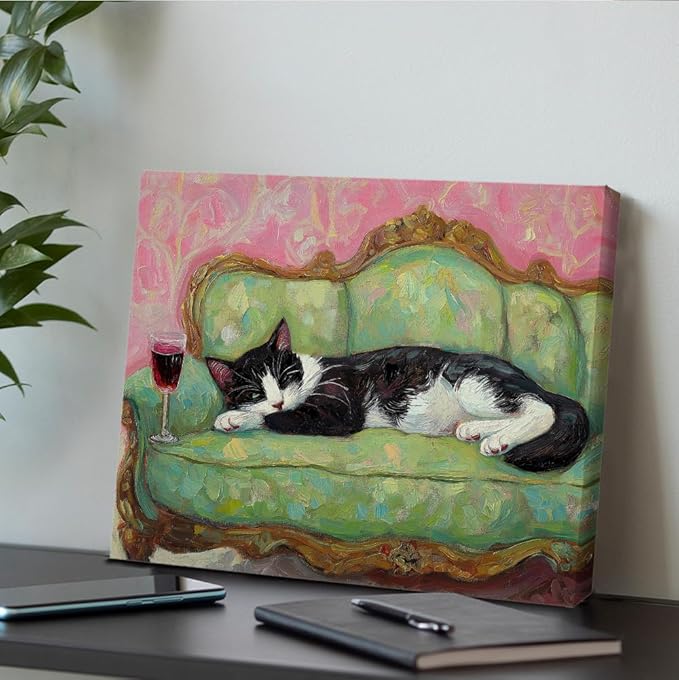 Fun Cat Wall Art Decor Cute Cat on Couch Quirky Canvas Print Poster Trendy Framed Painting Wall Decorations for Dining Room Living Room 8x10 Inch